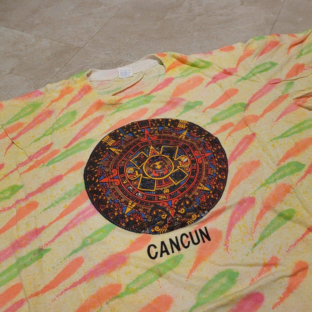 VTG 90s‎ Cancun Mexico Mens XL Tie Dye Single Stitch AOP Aztec Mayan T Shirt